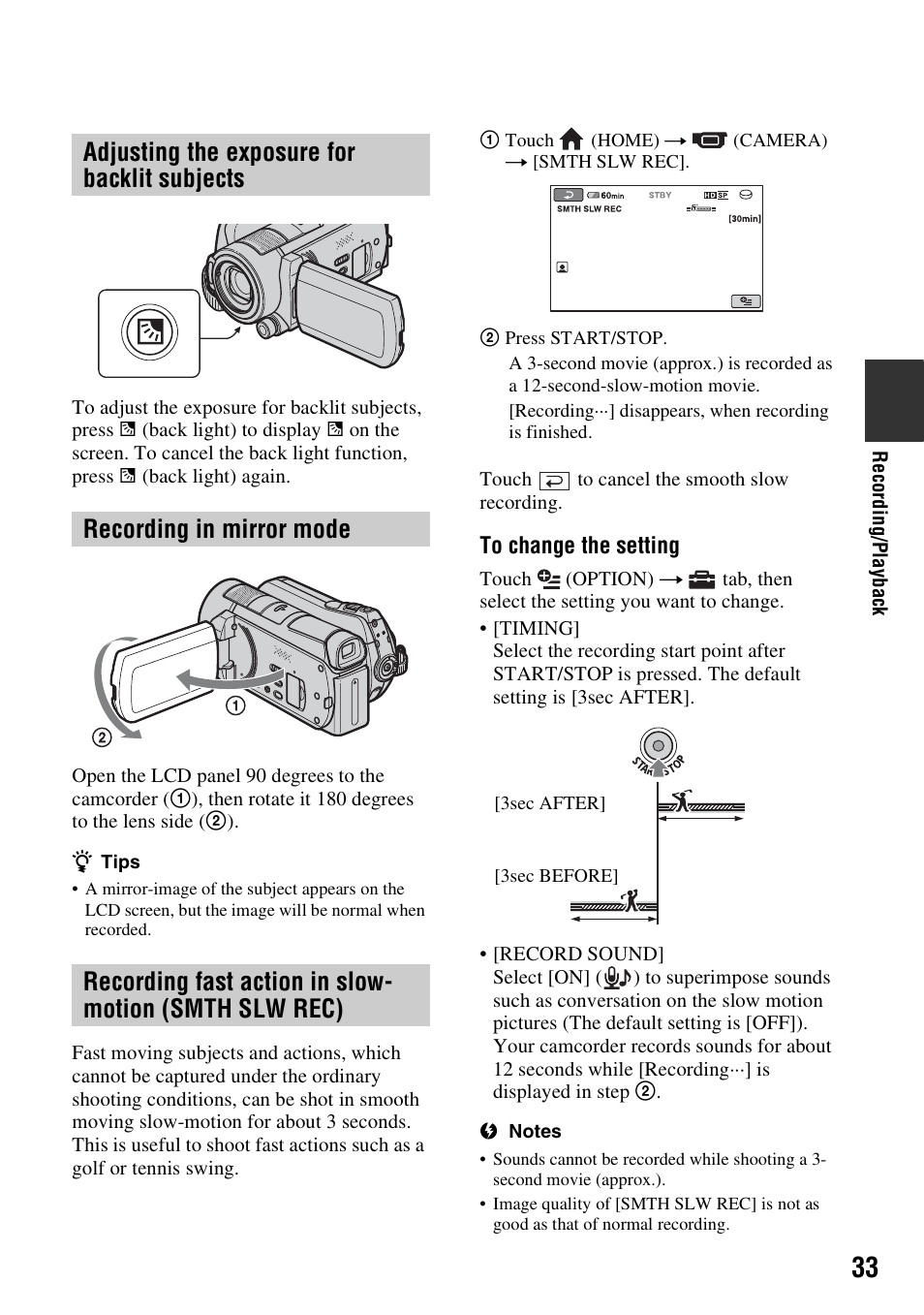 Adjusting the exposure for backlit subjects, Recording in mirror mode, Adjusting the exposure for backlit | Subjects, 33 recording fast action in slow-motion, Smth slw rec) | Sony HDR-SR11 User Manual | Page 33 / 124