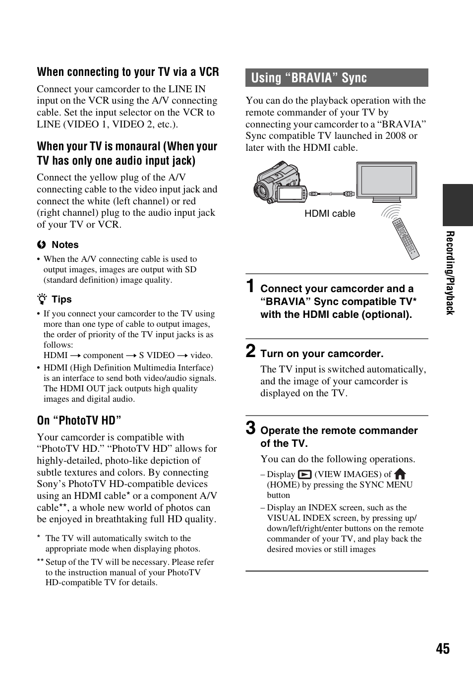 Using “bravia” sync | Sony HDR-SR11 User Manual | Page 45 / 124