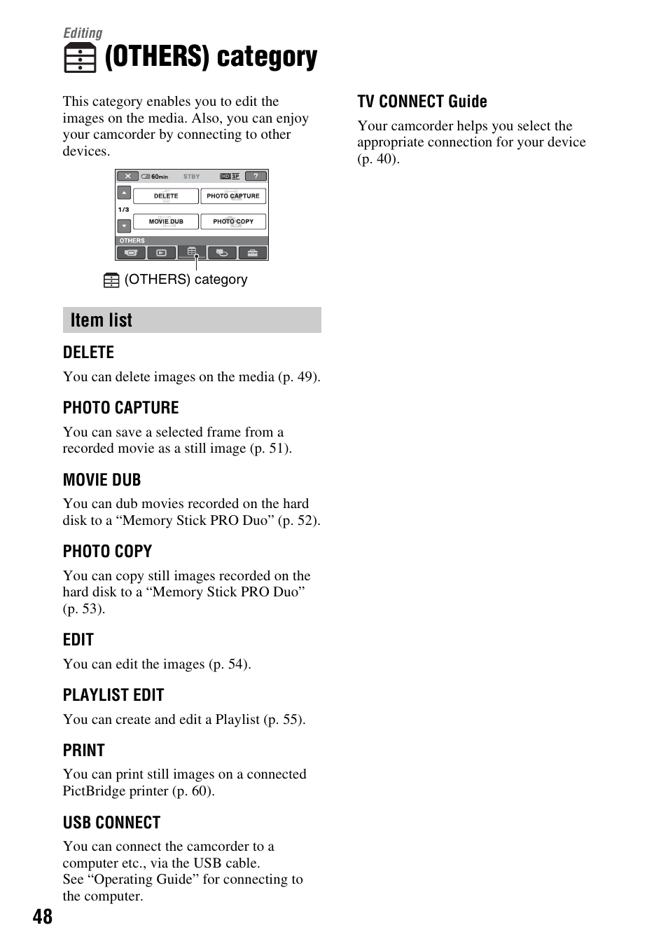 Editing, Others) category, Item list | Sony HDR-SR11 User Manual | Page 48 / 124