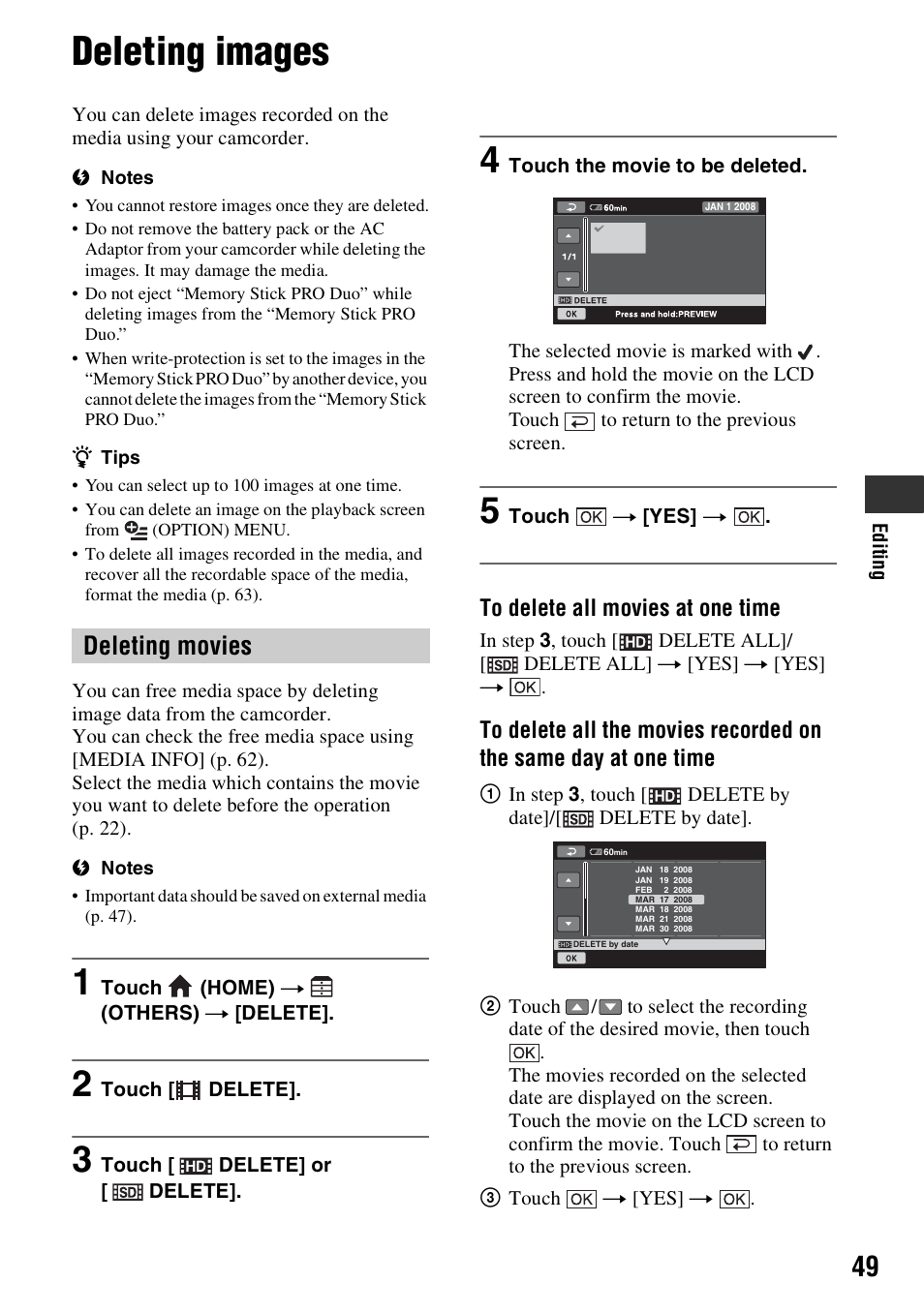 Deleting images, P. 49), P. 49 | Deleting movies | Sony HDR-SR11 User Manual | Page 49 / 124