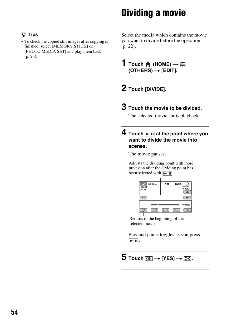 Dividing a movie, S (p. 54) | Sony HDR-SR11 User Manual | Page 54 / 124