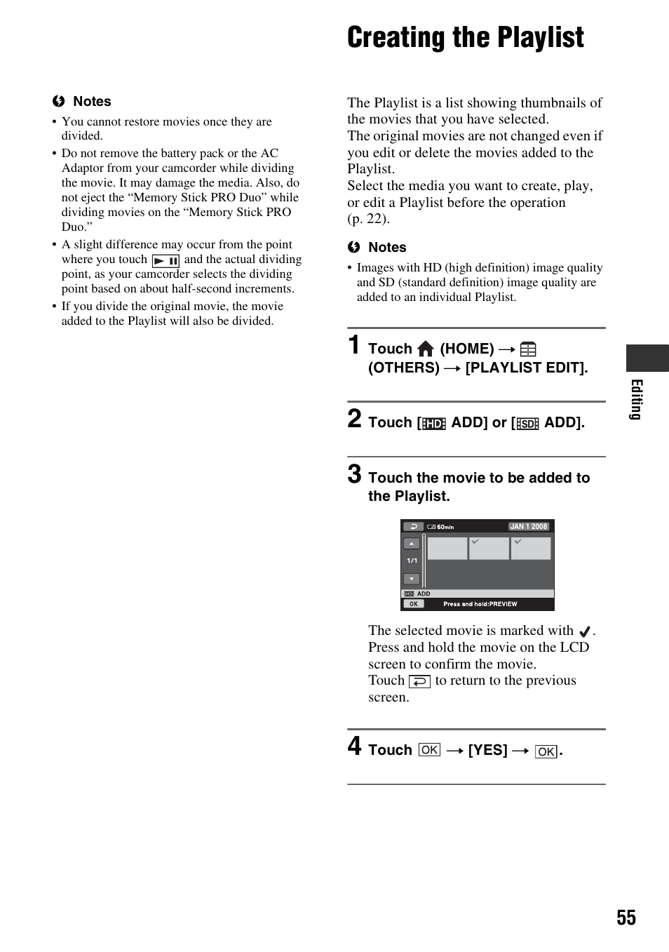 Creating the playlist, P. 55) | Sony HDR-SR11 User Manual | Page 55 / 124
