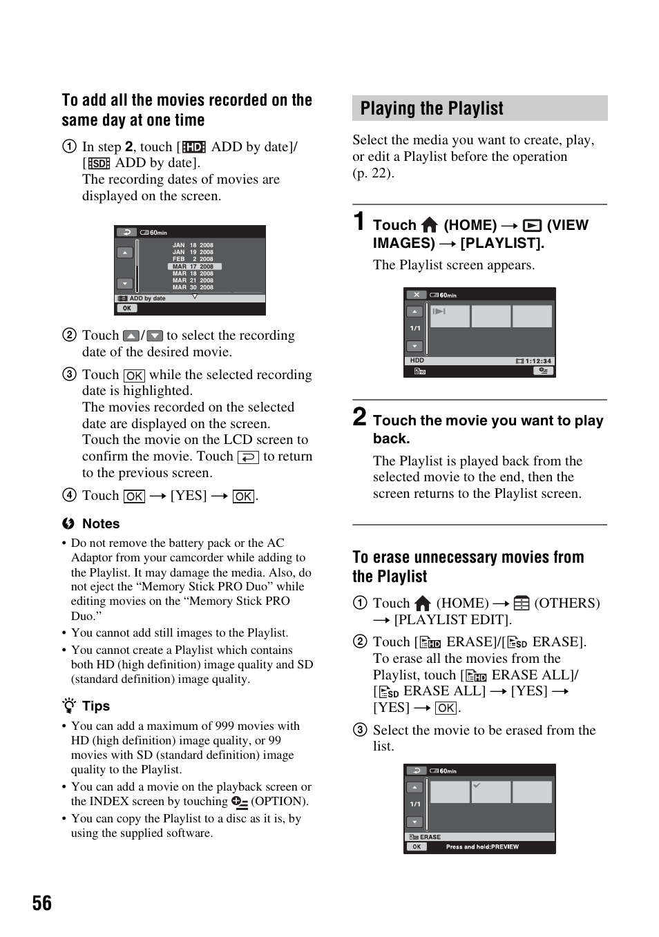 Playing the playlist | Sony HDR-SR11 User Manual | Page 56 / 124