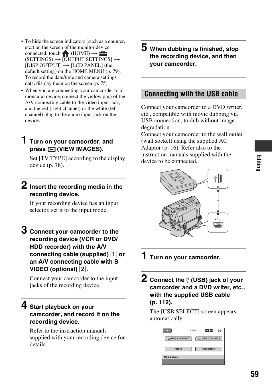 E (1) (p. 59, Connecting with the usb cable | Sony HDR-SR11 User Manual | Page 59 / 124
