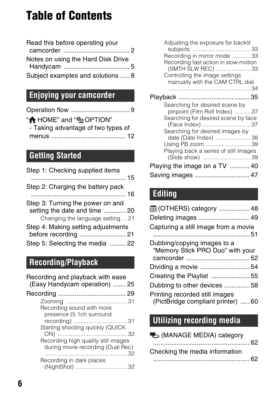 Sony HDR-SR11 User Manual | Page 6 / 124