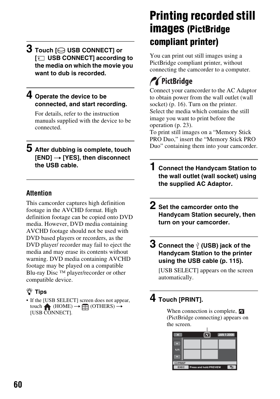 Printing recorded still images, Pictbridge compliant printer), P. 60 | Sony HDR-SR11 User Manual | Page 60 / 124