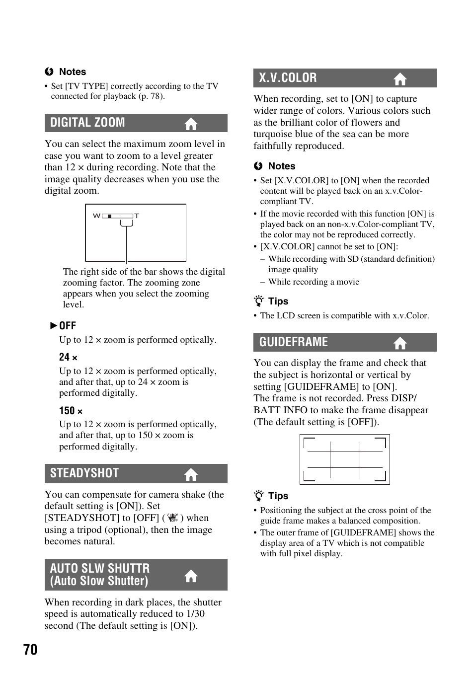 P. 70), X.v.color guideframe | Sony HDR-SR11 User Manual | Page 70 / 124