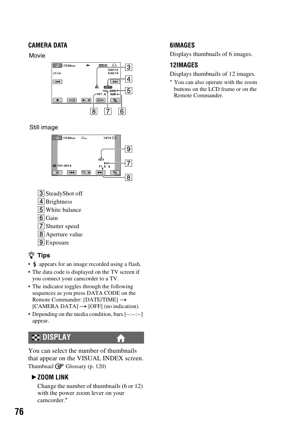 Display | Sony HDR-SR11 User Manual | Page 76 / 124