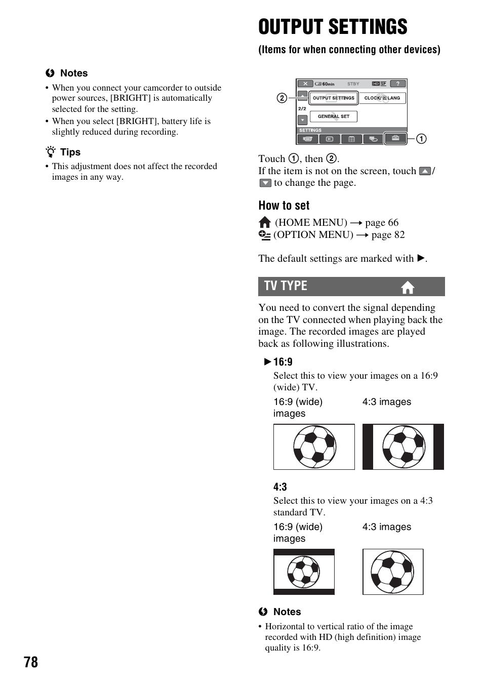 Output settings, Items for when connecting other, Devices) | P. 78), P. 78, Tv type | Sony HDR-SR11 User Manual | Page 78 / 124