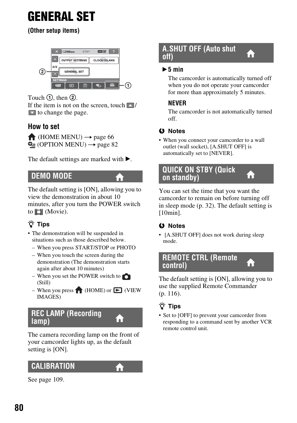 General set (other setup items), General set, Other setup items) | P. 80), T (p. 80, Demo mode rec lamp (recording lamp) calibration | Sony HDR-SR11 User Manual | Page 80 / 124