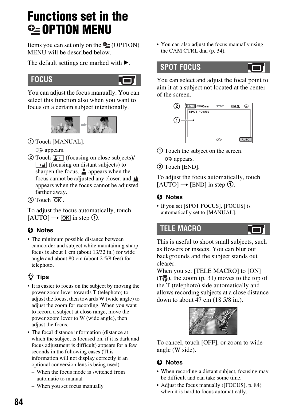 Functions set in the option menu, Functions set in the, Option | Menu, P. 84, S] (p. 84), Focus, Spot focus tele macro | Sony HDR-SR11 User Manual | Page 84 / 124