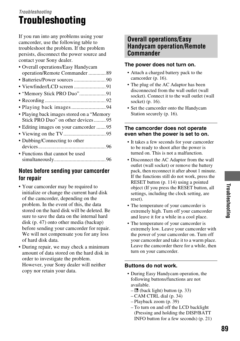 Troubleshooting | Sony HDR-SR11 User Manual | Page 89 / 124