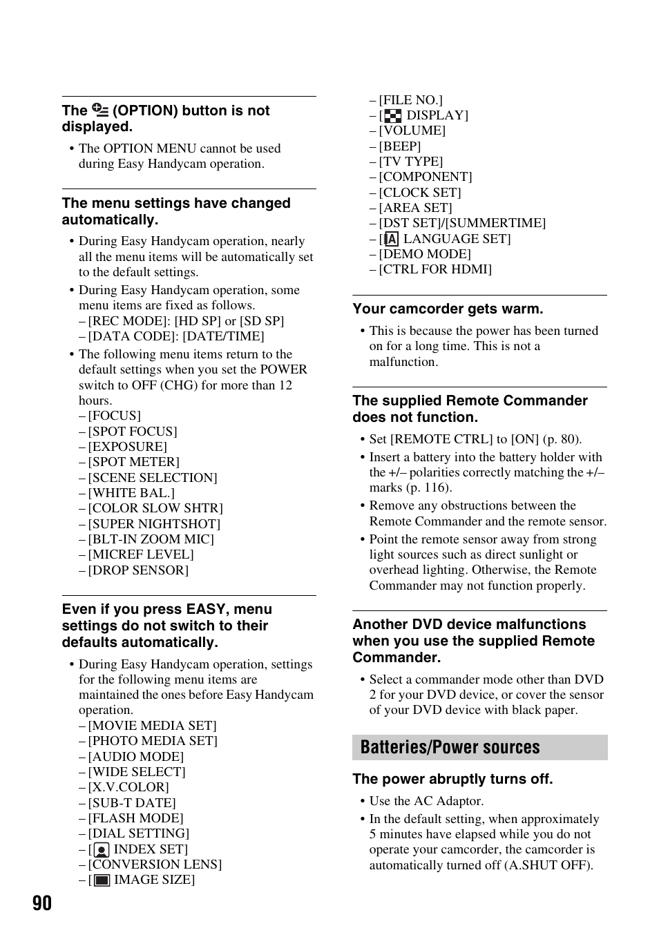 P. 90), Batteries/power sources | Sony HDR-SR11 User Manual | Page 90 / 124