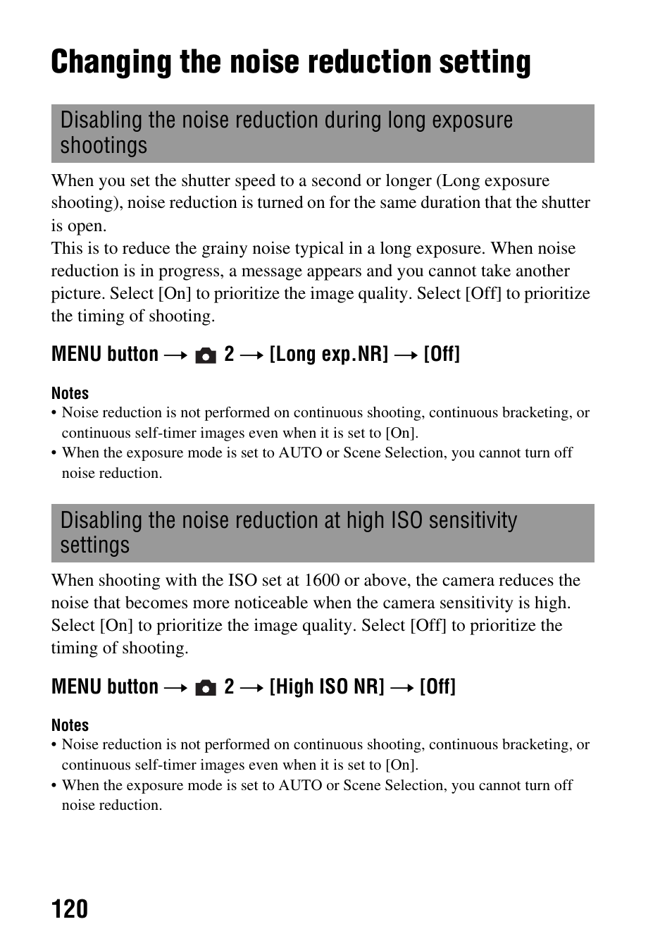 Changing the noise reduction setting | Sony A390L2LENSKIT User Manual | Page 120 / 170