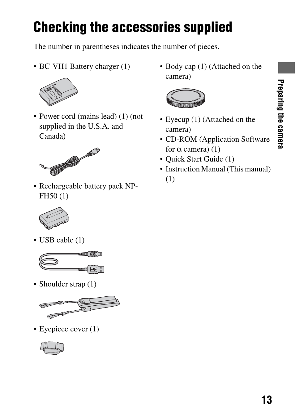 Preparing the camera, Checking the accessories supplied | Sony A390L2LENSKIT User Manual | Page 13 / 170