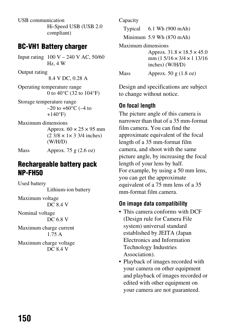 Bc-vh1 battery charger, Rechargeable battery pack np-fh50 | Sony A390L2LENSKIT User Manual | Page 150 / 170