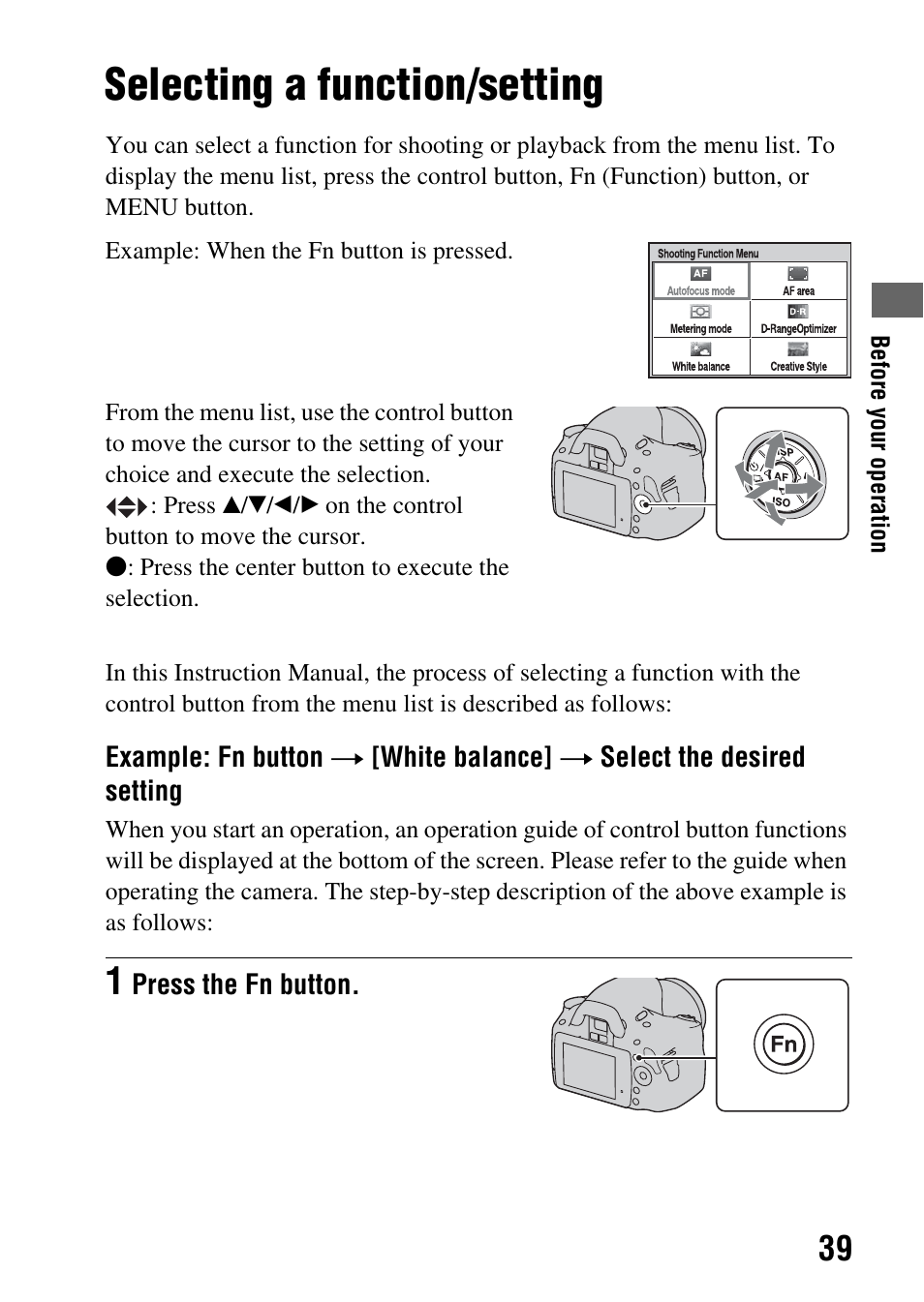 Selecting a function/setting | Sony A390L2LENSKIT User Manual | Page 39 / 170