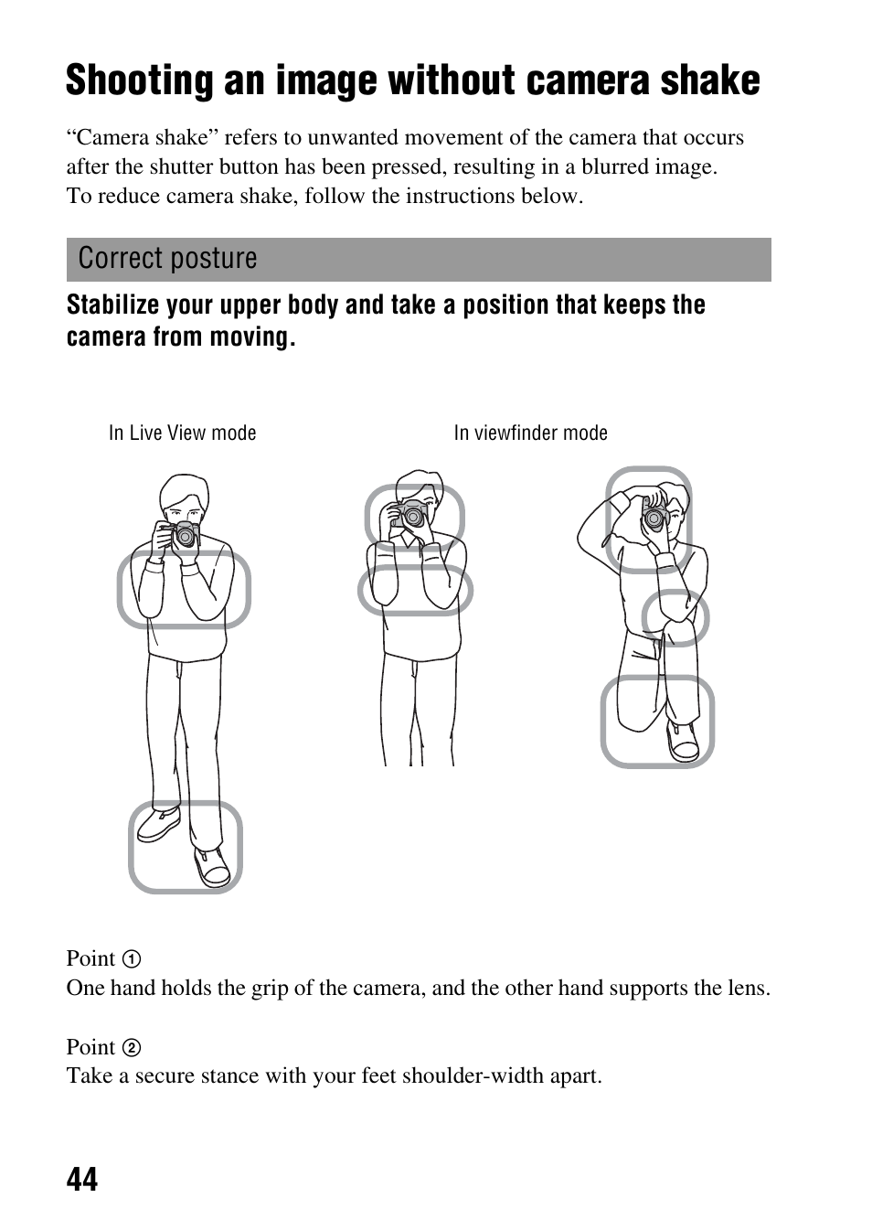 Shooting an image without camera shake, Correct posture | Sony A390L2LENSKIT User Manual | Page 44 / 170