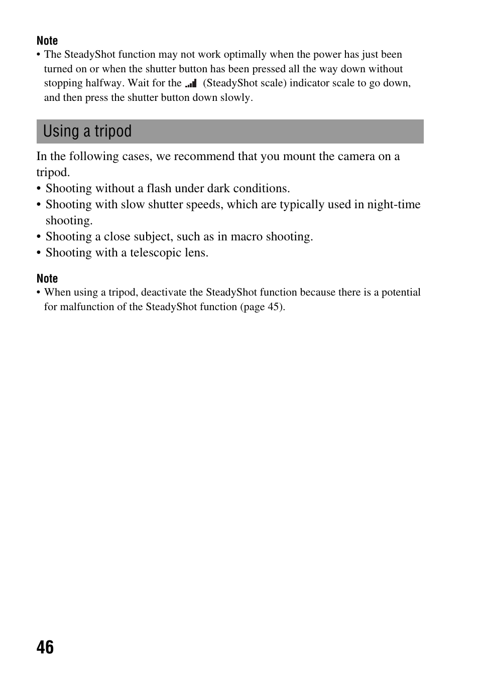 Using a tripod | Sony A390L2LENSKIT User Manual | Page 46 / 170