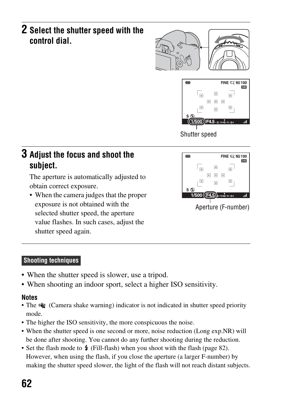 Select the shutter speed with the control dial, Adjust the focus and shoot the subject | Sony A390L2LENSKIT User Manual | Page 62 / 170