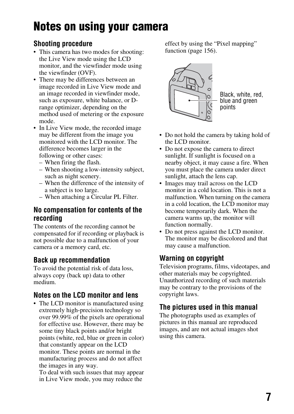 Notes on using your camera | Sony A390L2LENSKIT User Manual | Page 7 / 170