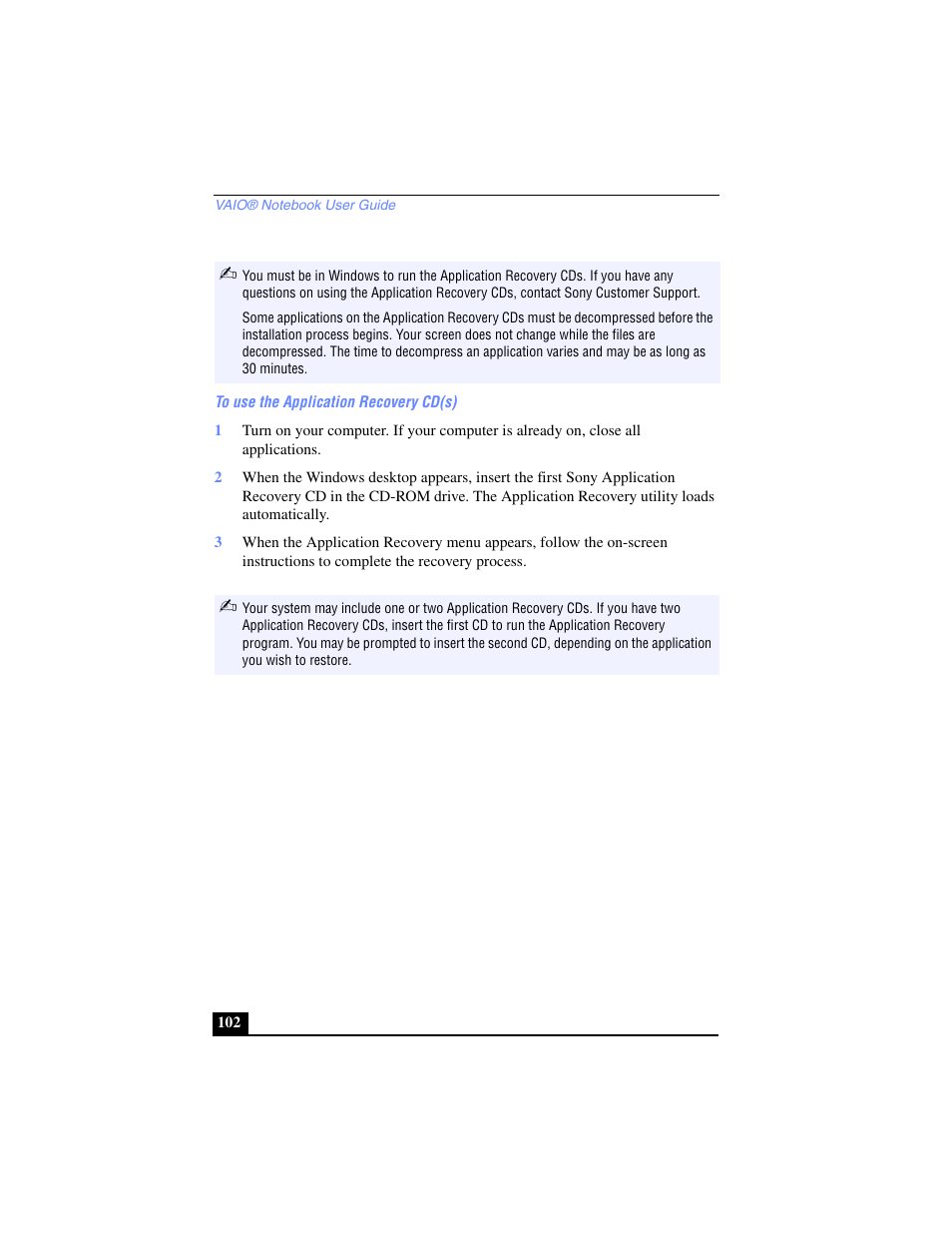 To use the application recovery cd(s) | Sony PCG-SR17 User Manual | Page 100 / 122