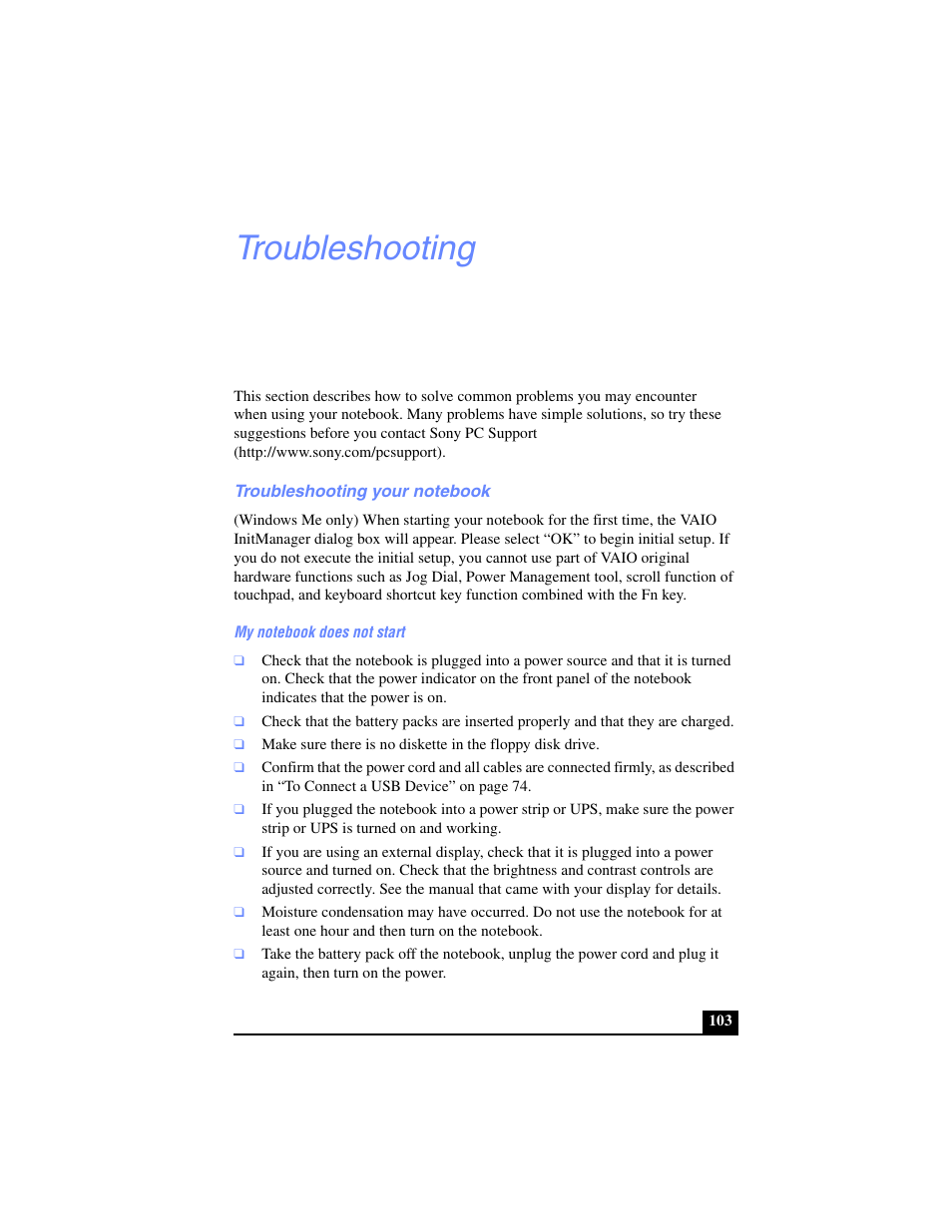 Troubleshooting, Troubleshooting your notebook, My notebook does not start | Sony PCG-SR17 User Manual | Page 101 / 122