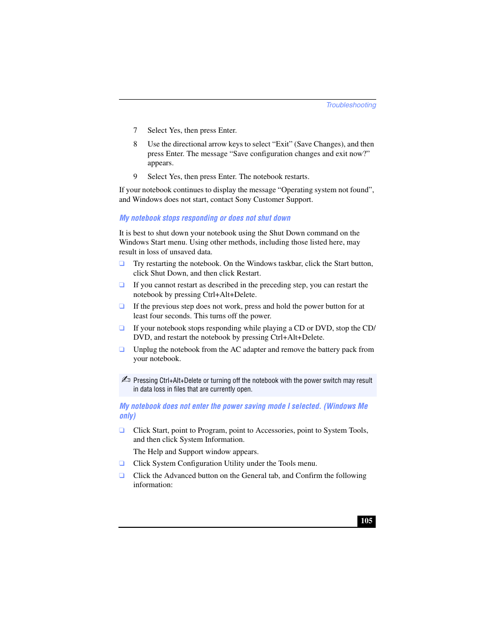 7 select yes, then press enter, My notebook stops responding or does not shut down | Sony PCG-SR17 User Manual | Page 103 / 122