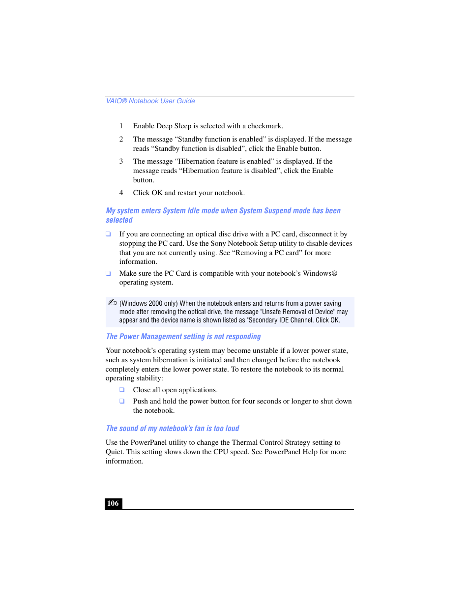 1 enable deep sleep is selected with a checkmark, 4 click ok and restart your notebook, The power management setting is not responding | The sound of my notebook’s fan is too loud | Sony PCG-SR17 User Manual | Page 104 / 122