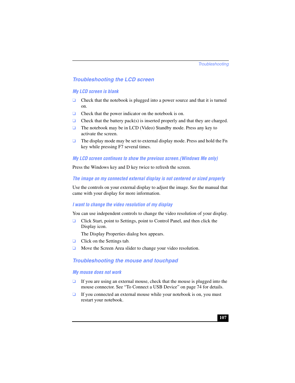 Troubleshooting the lcd screen, My lcd screen is blank, Troubleshooting the mouse and touchpad | My mouse does not work | Sony PCG-SR17 User Manual | Page 105 / 122