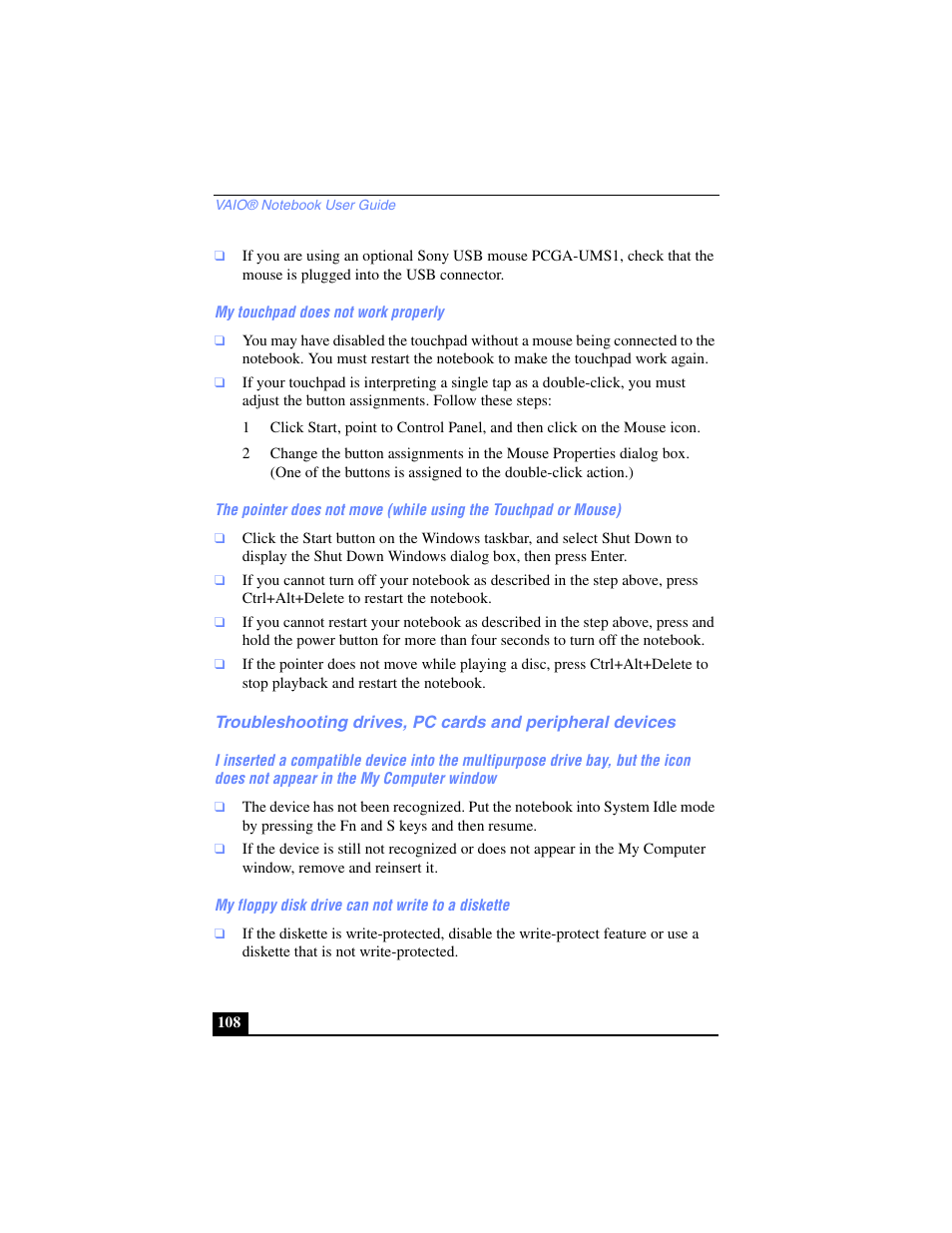 My touchpad does not work properly, My floppy disk drive can not write to a diskette | Sony PCG-SR17 User Manual | Page 106 / 122