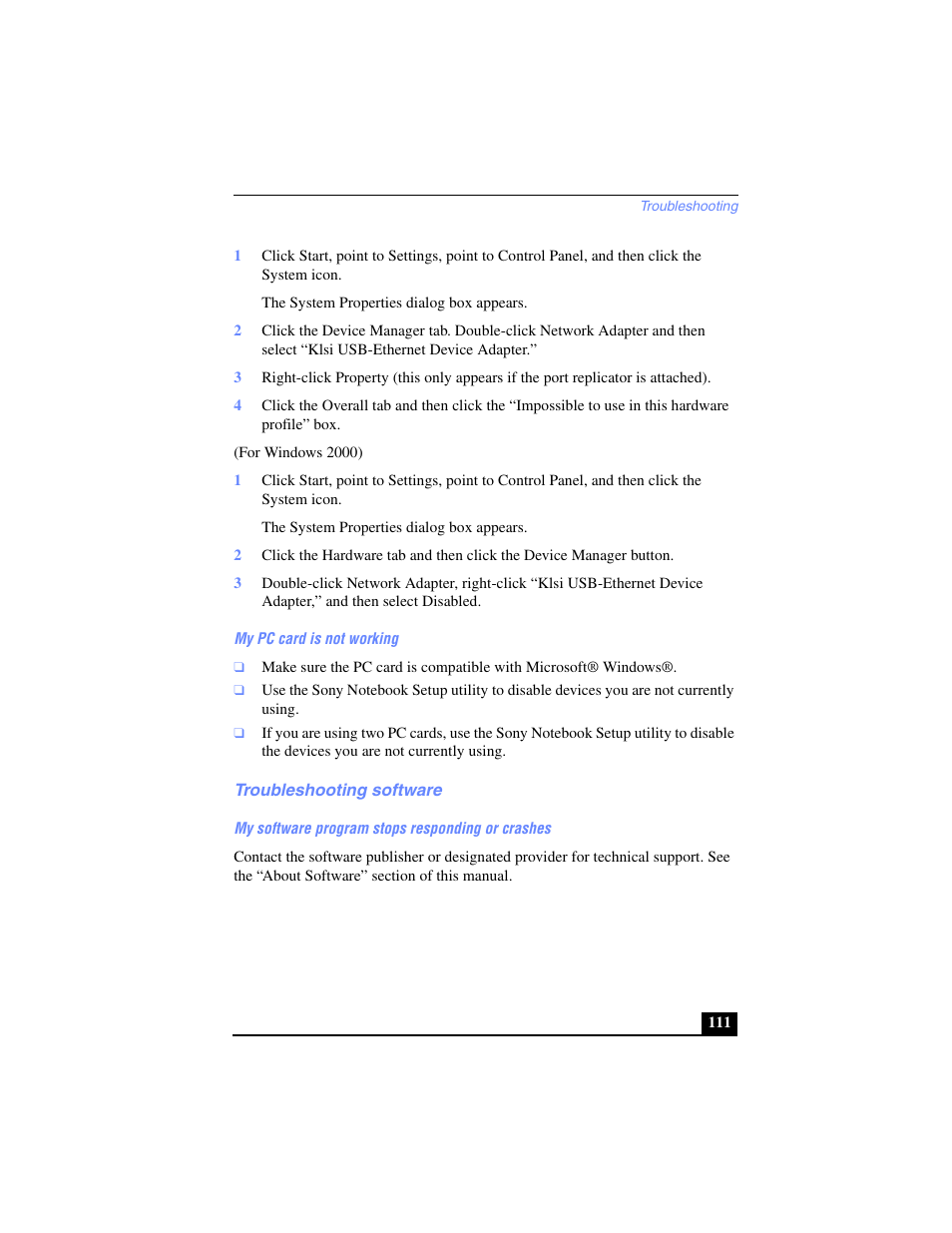 My pc card is not working, Troubleshooting software, My software program stops responding or crashes | Sony PCG-SR17 User Manual | Page 109 / 122