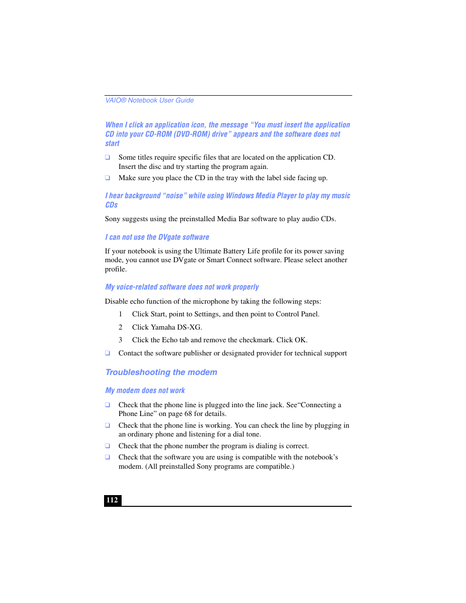 I can not use the dvgate software, My voice-related software does not work properly, 2 click yamaha ds-xg | Troubleshooting the modem, My modem does not work | Sony PCG-SR17 User Manual | Page 110 / 122