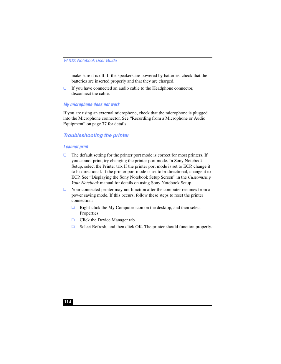 My microphone does not work, Troubleshooting the printer, I cannot print | Sony PCG-SR17 User Manual | Page 112 / 122