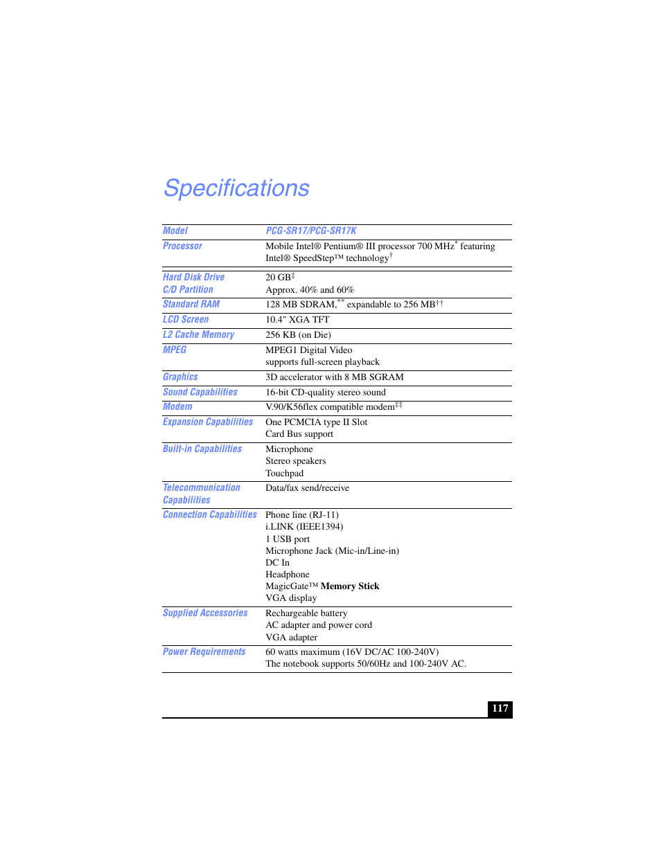 Specifications | Sony PCG-SR17 User Manual | Page 115 / 122