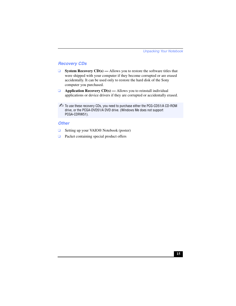 Recovery cds, System recovery cd(s), Application recovery cd(s) | Other | Sony PCG-SR17 User Manual | Page 13 / 122