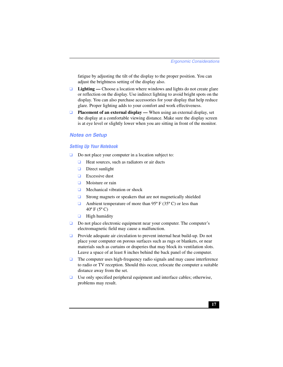 Lighting, Placement of an external display, Notes on setup | Setting up your notebook | Sony PCG-SR17 User Manual | Page 15 / 122