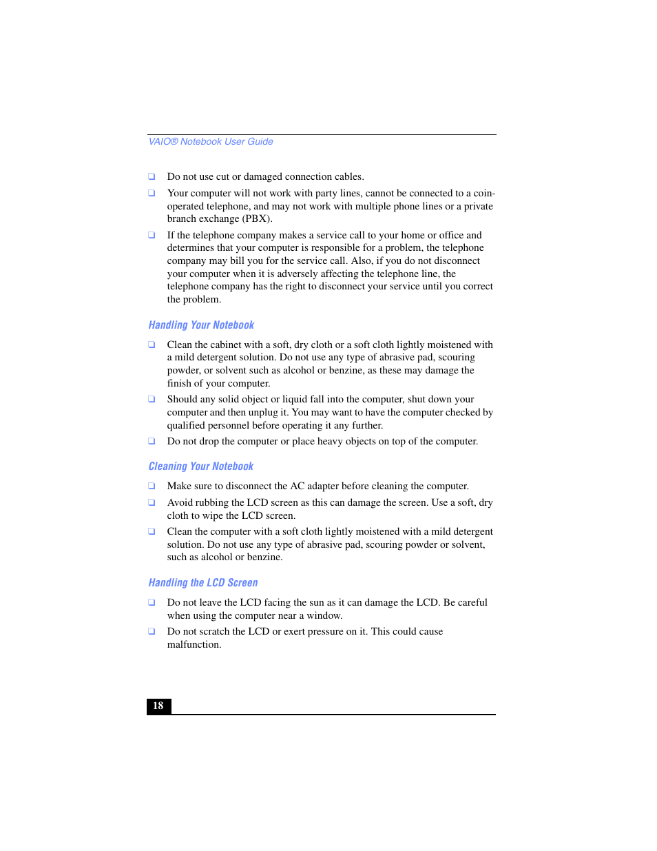 Handling your notebook, Cleaning your notebook, Handling the lcd screen | Sony PCG-SR17 User Manual | Page 16 / 122