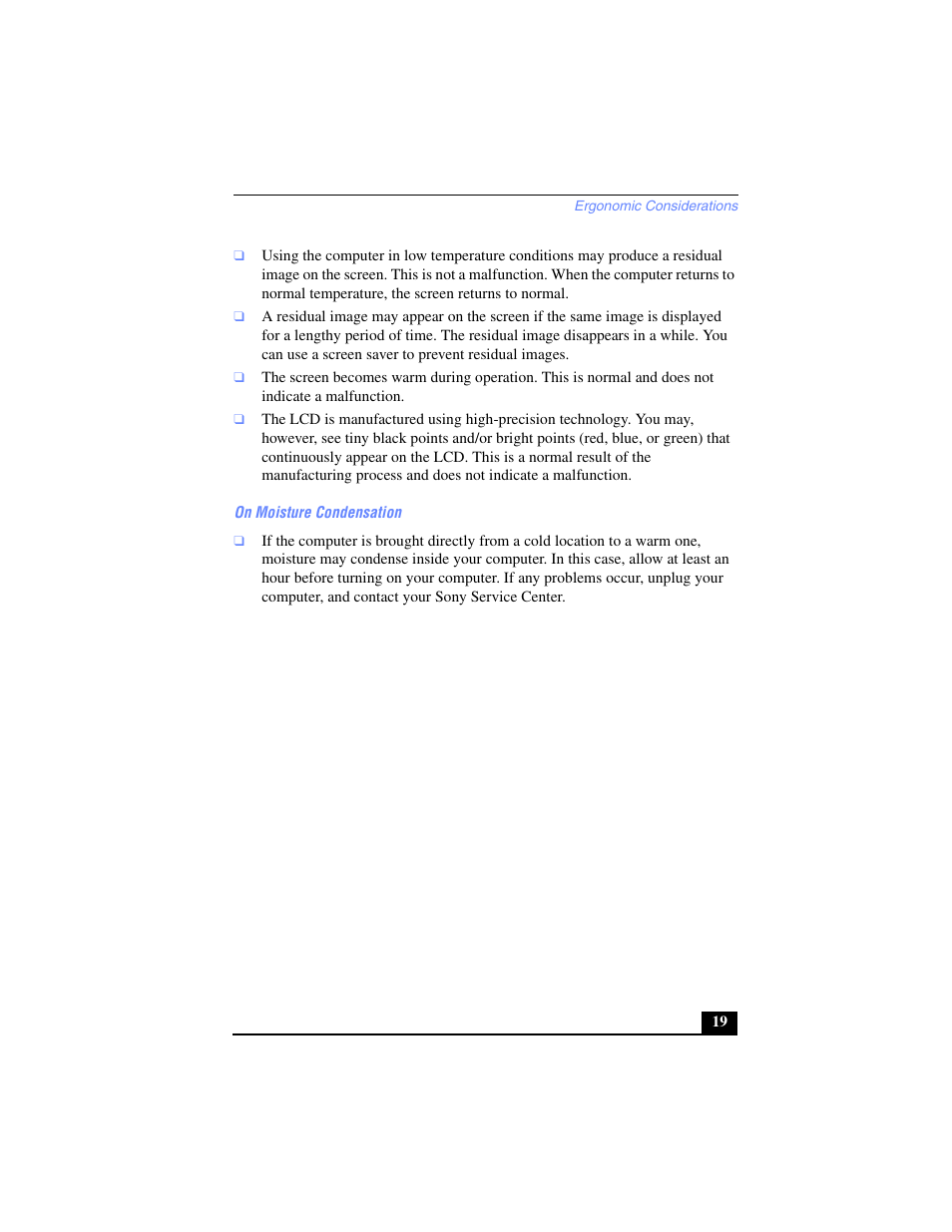 On moisture condensation | Sony PCG-SR17 User Manual | Page 17 / 122