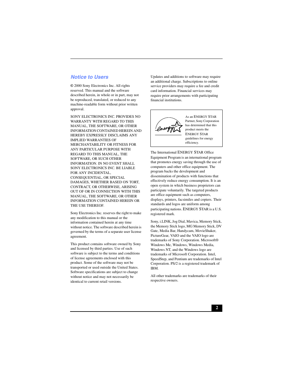 Notice to users | Sony PCG-SR17 User Manual | Page 2 / 122