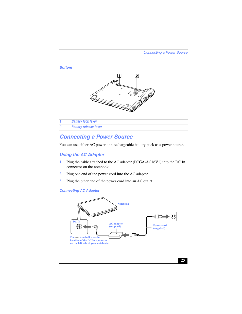 Bottom, Connecting a power source, Using the ac adapter | Connecting ac adapter | Sony PCG-SR17 User Manual | Page 23 / 122