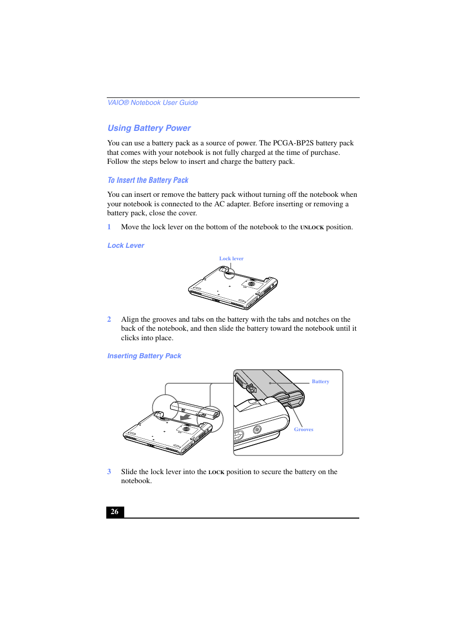 Using battery power, To insert the battery pack, Lock lever | Inserting battery pack | Sony PCG-SR17 User Manual | Page 24 / 122