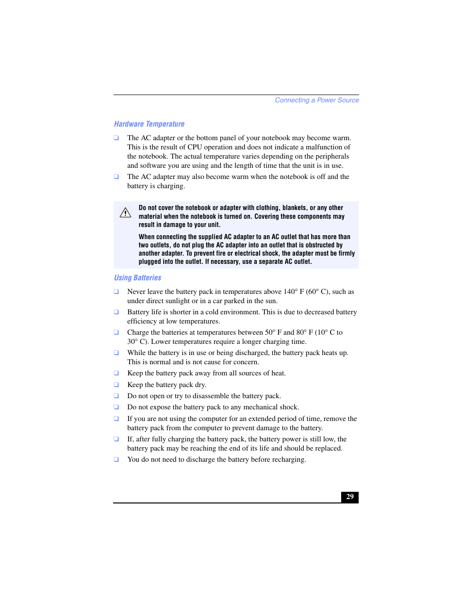 Hardware temperature, Using batteries | Sony PCG-SR17 User Manual | Page 27 / 122