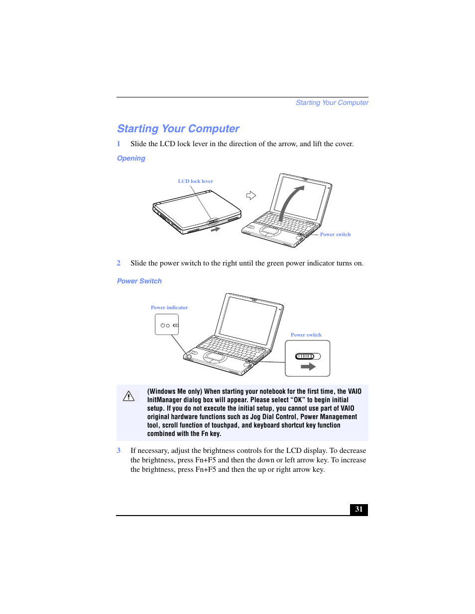 Starting your computer, Opening, Power switch | Sony PCG-SR17 User Manual | Page 29 / 122