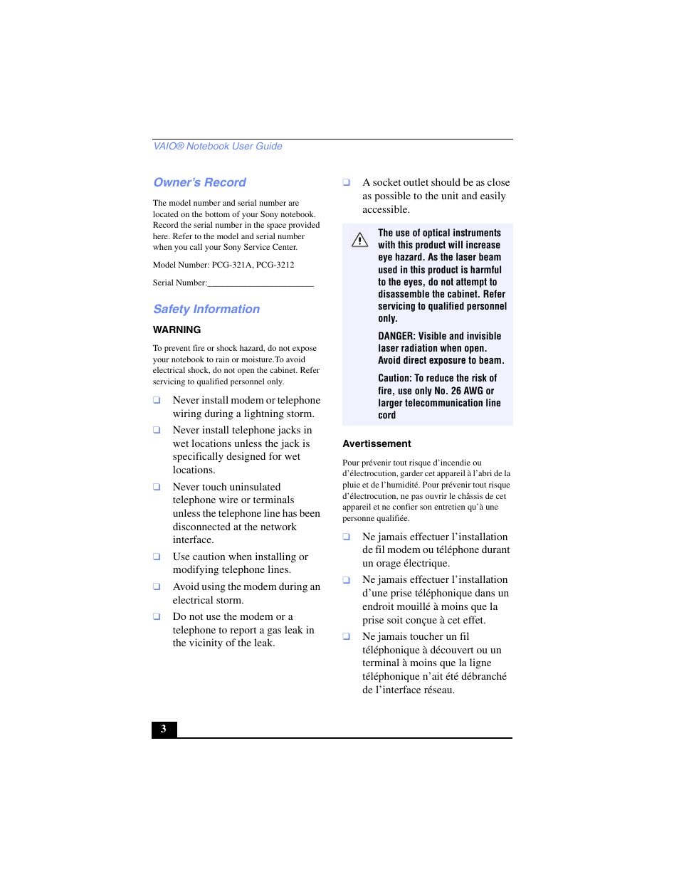 Owner’s record, Safety information | Sony PCG-SR17 User Manual | Page 3 / 122