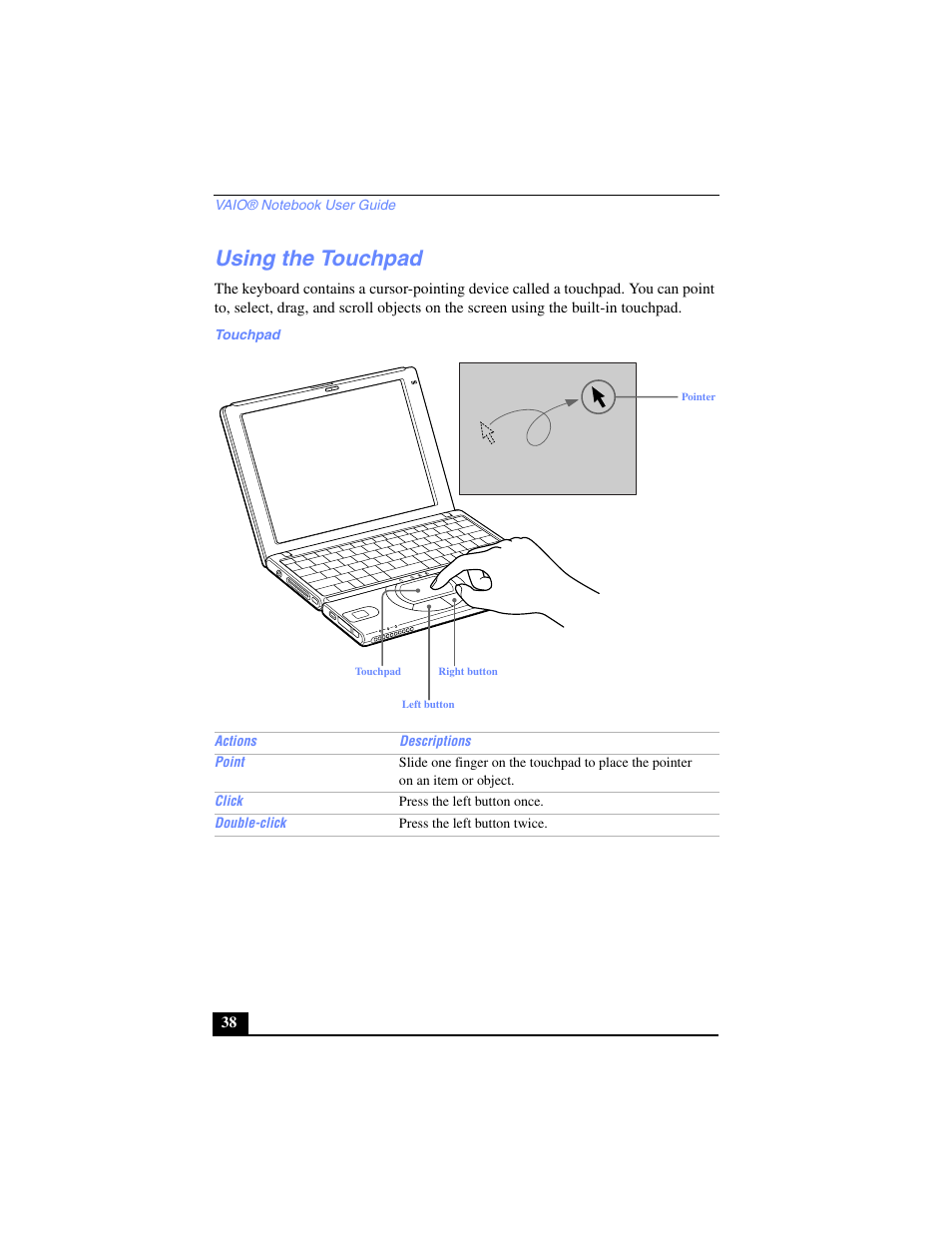 Using the touchpad, Touchpad | Sony PCG-SR17 User Manual | Page 36 / 122