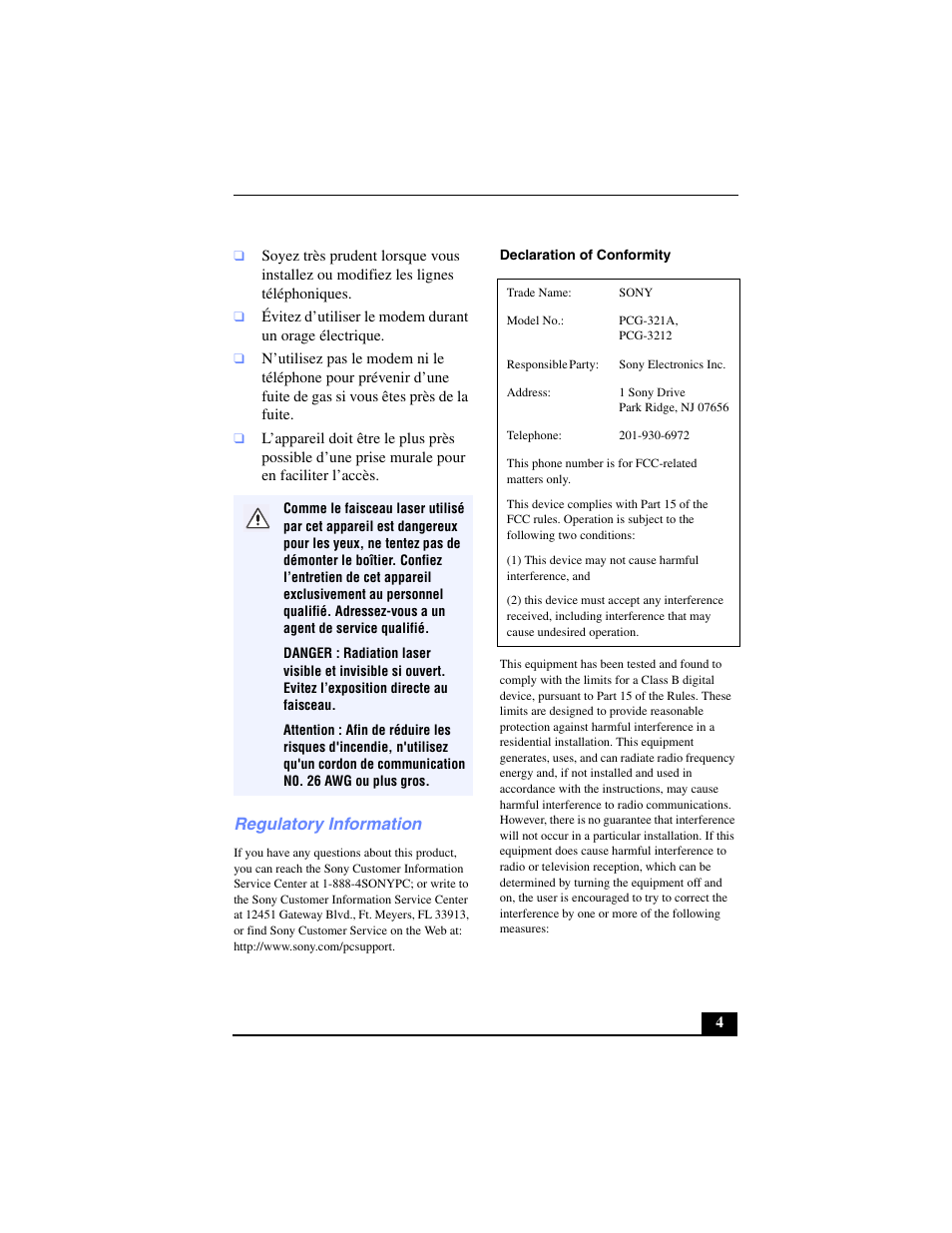 Regulatory information | Sony PCG-SR17 User Manual | Page 4 / 122