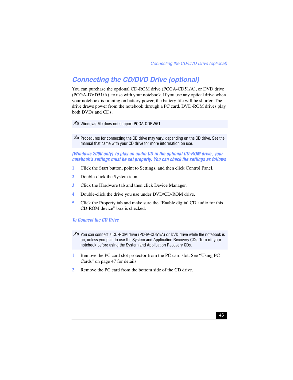 Connecting the cd/dvd drive (optional), 2 double-click the system icon, To connect the cd drive | Sony PCG-SR17 User Manual | Page 41 / 122