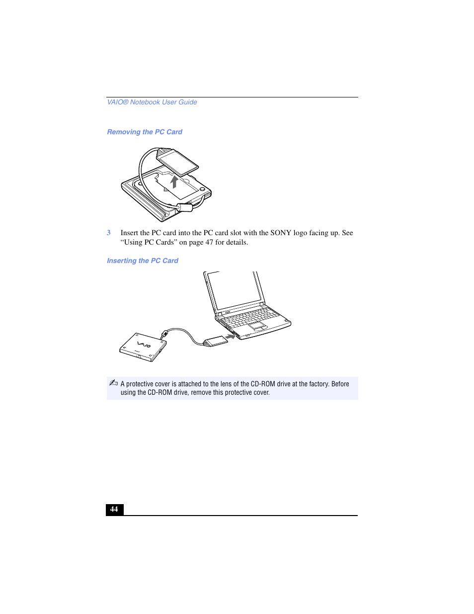 Removing the pc card, Inserting the pc card | Sony PCG-SR17 User Manual | Page 42 / 122