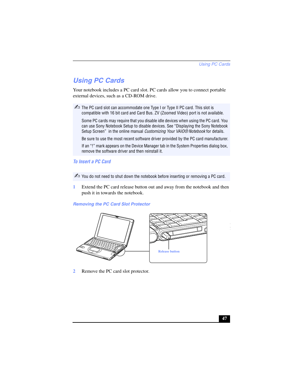 Using pc cards, To insert a pc card, Removing the pc card slot protector | 2 remove the pc card slot protector | Sony PCG-SR17 User Manual | Page 45 / 122